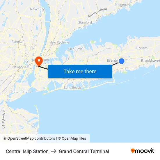 Central Islip Station to Grand Central Terminal map