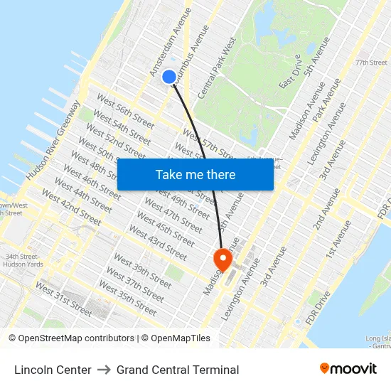 Lincoln Center to Grand Central Terminal map