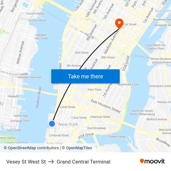 Vesey St West St to Grand Central Terminal map