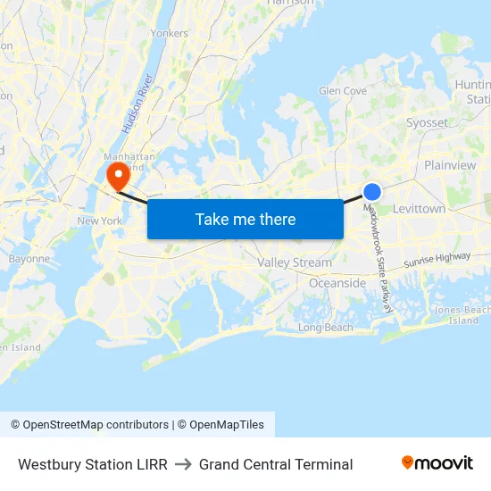 Westbury Station LIRR to Grand Central Terminal map