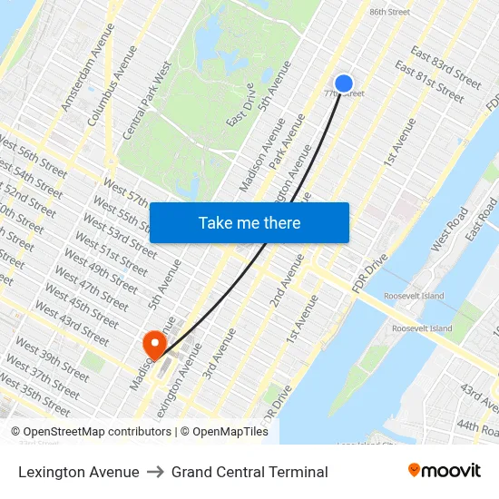 Lexington Avenue to Grand Central Terminal map