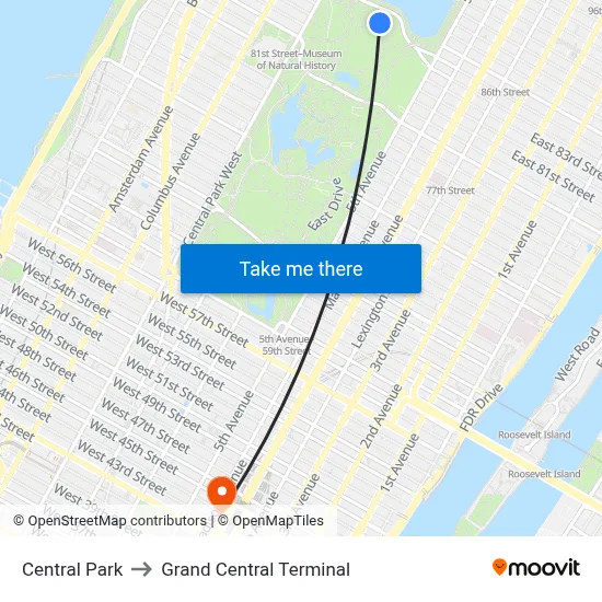 Central Park to Grand Central Terminal map