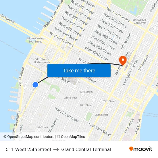 511 West 25th Street to Grand Central Terminal map