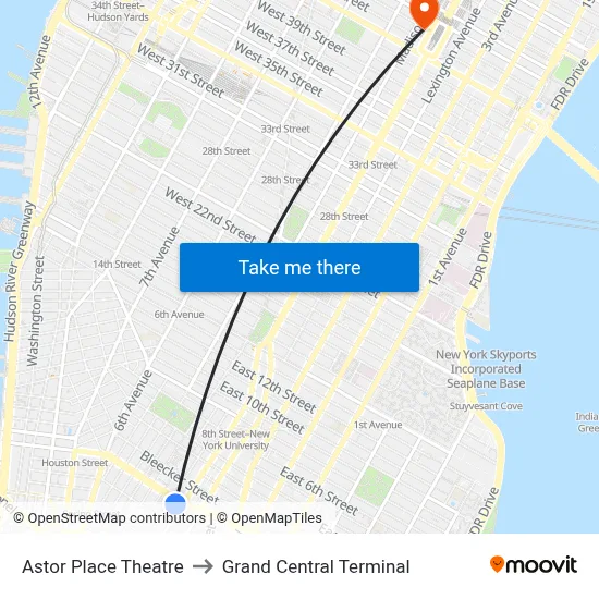 Astor Place Theatre to Grand Central Terminal map