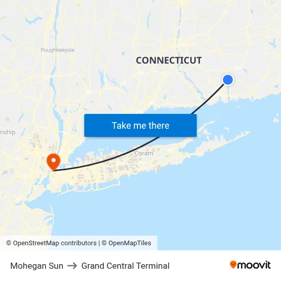 Mohegan Sun to Grand Central Terminal map