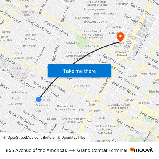 855 Avenue of the Americas to Grand Central Terminal map