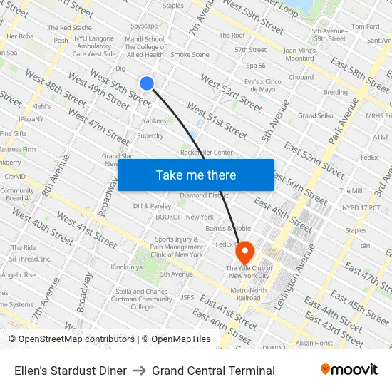 Ellen's Stardust Diner to Grand Central Terminal map