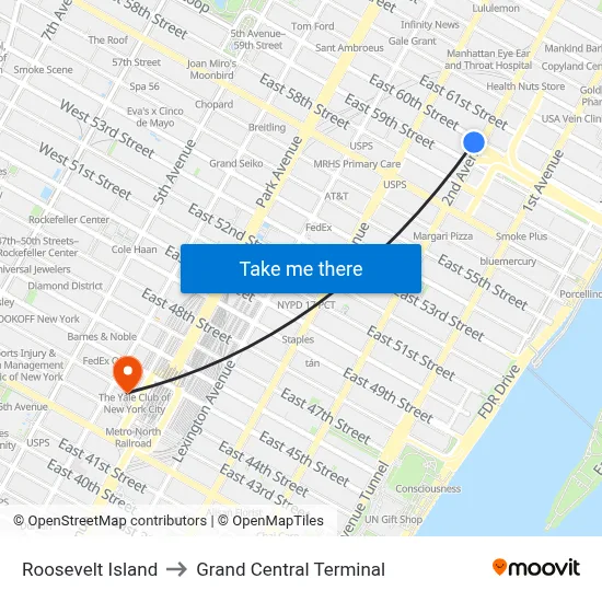 Roosevelt Island to Grand Central Terminal map