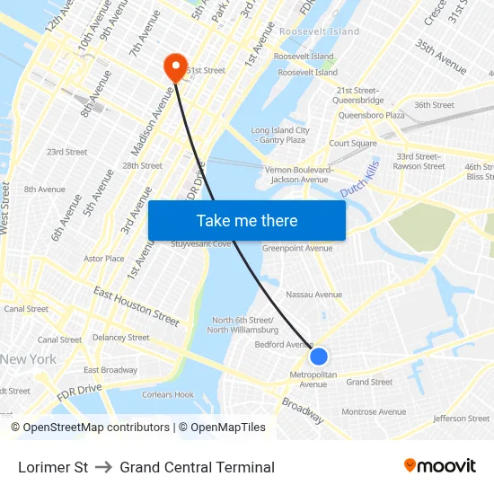 Lorimer St to Grand Central Terminal map
