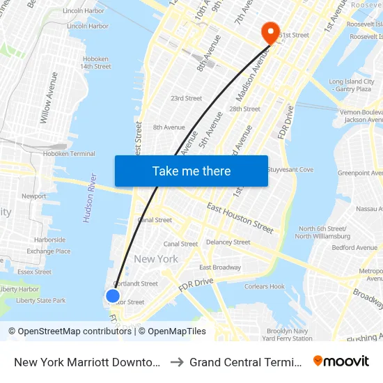 New York Marriott Downtown to Grand Central Terminal map