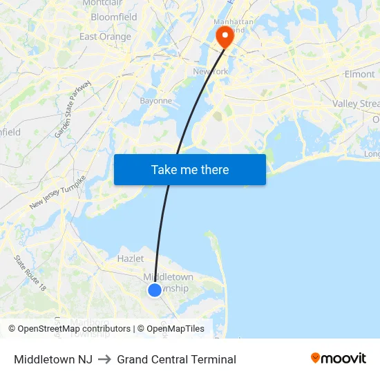 Middletown NJ to Grand Central Terminal map