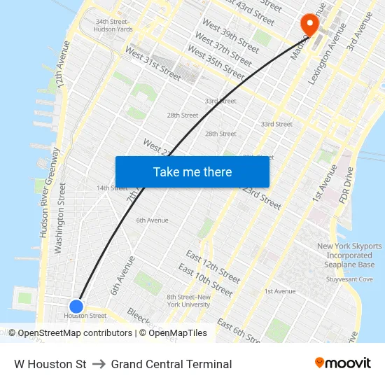 W Houston St to Grand Central Terminal map