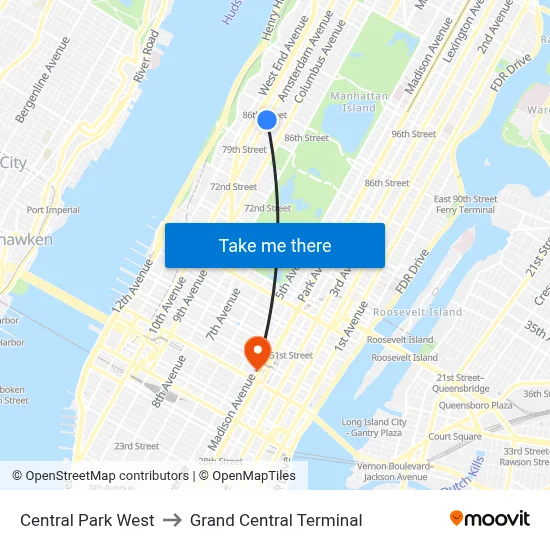 Central Park West to Grand Central Terminal map