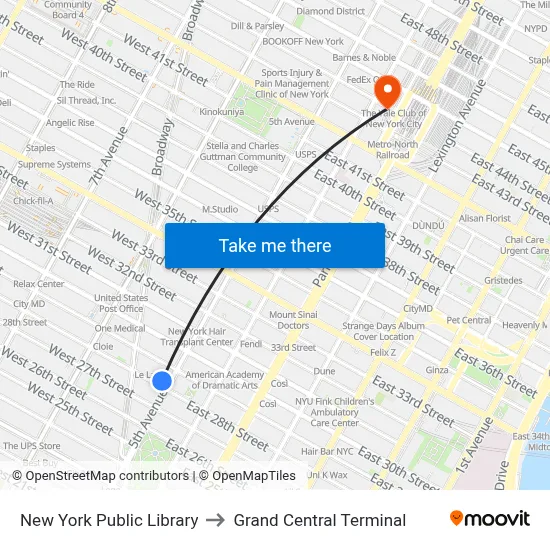 New York Public Library to Grand Central Terminal map