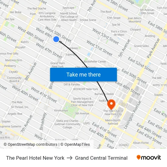 The Pearl Hotel New York to Grand Central Terminal map