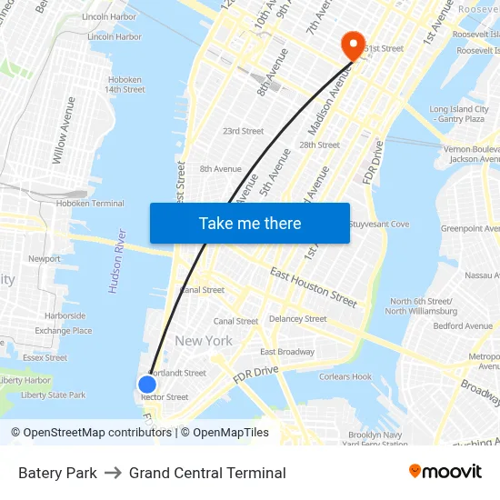 Batery Park to Grand Central Terminal map