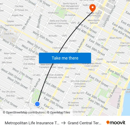 Metropolitan Life Insurance Tower to Grand Central Terminal map