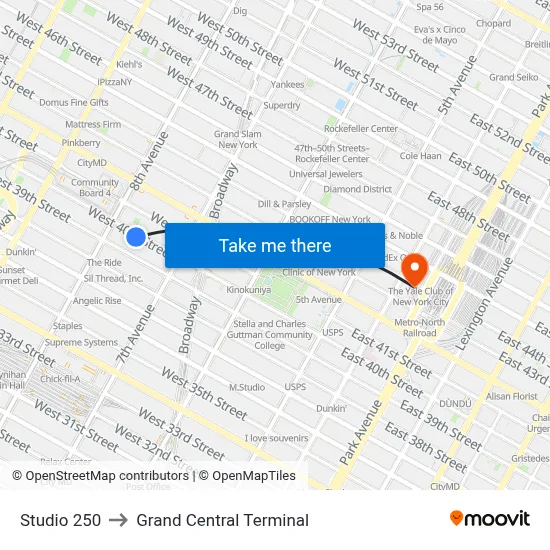 Studio 250 to Grand Central Terminal map