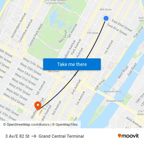 3 Av/E 82 St to Grand Central Terminal map