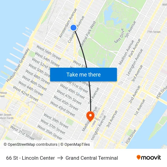 66 St - Lincoln Center to Grand Central Terminal map