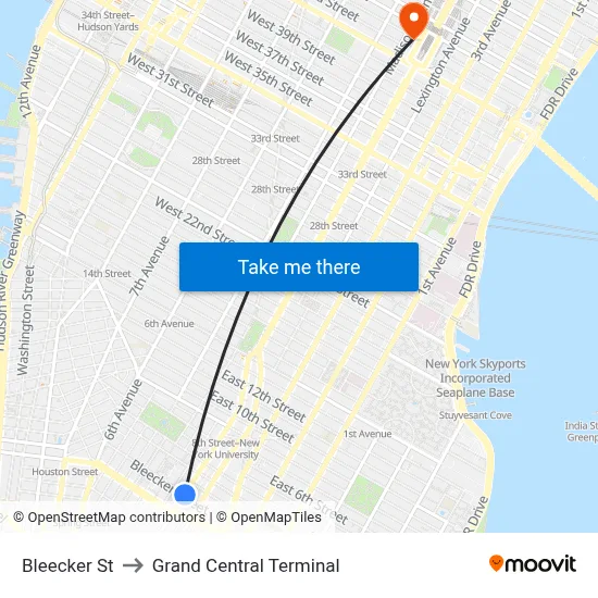 Bleecker St, New York, NY 10012 to Grand Central Terminal map