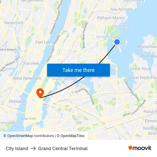 City Island to Grand Central Terminal map