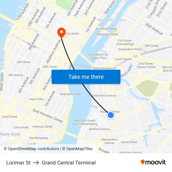Lorimer St to Grand Central Terminal map