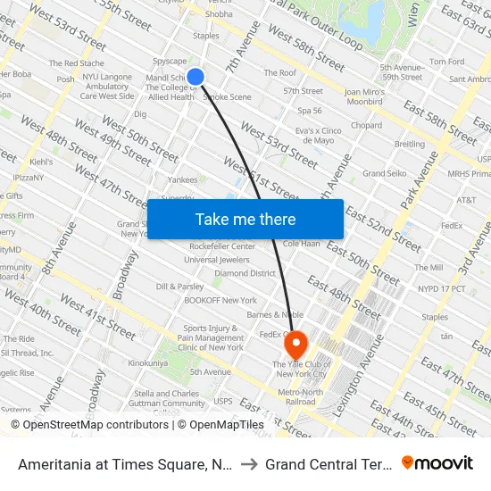 Ameritania at Times Square, New York to Grand Central Terminal map