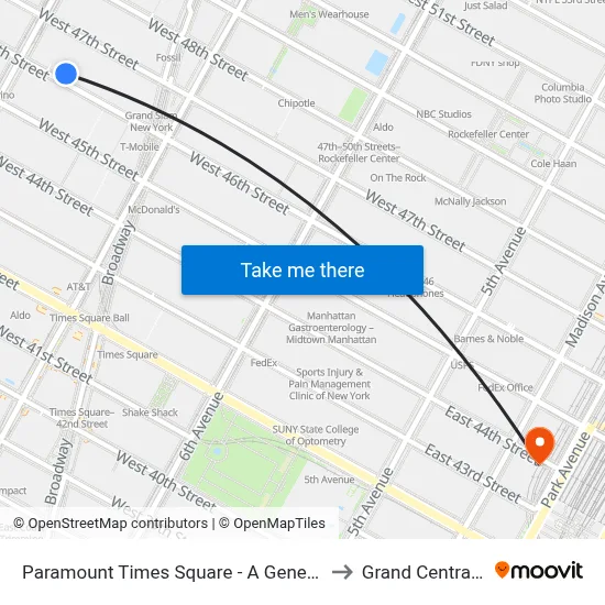 Paramount Times Square - A Generator Hotel, New York to Grand Central Terminal map