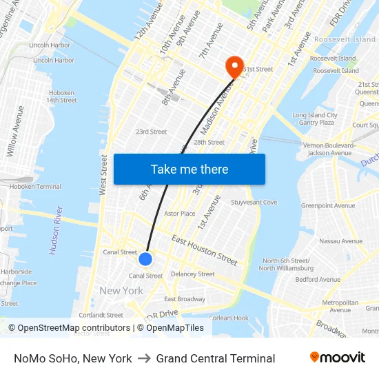 NoMo SoHo, New York to Grand Central Terminal map