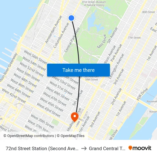 72nd Street Station (Second Avenue Subway) to Grand Central Terminal map