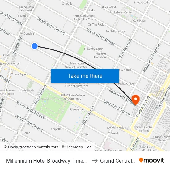 Millennium Hotel Broadway Times Square, New York to Grand Central Terminal map