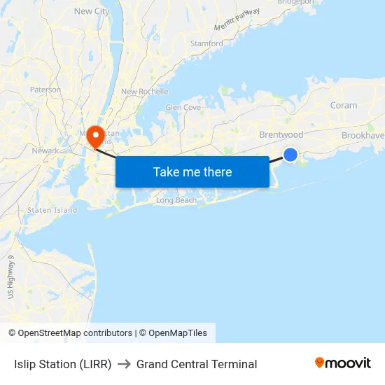 Islip Station (LIRR) to Grand Central Terminal map