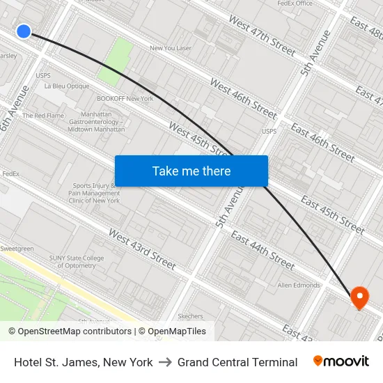 Hotel St. James, New York to Grand Central Terminal map