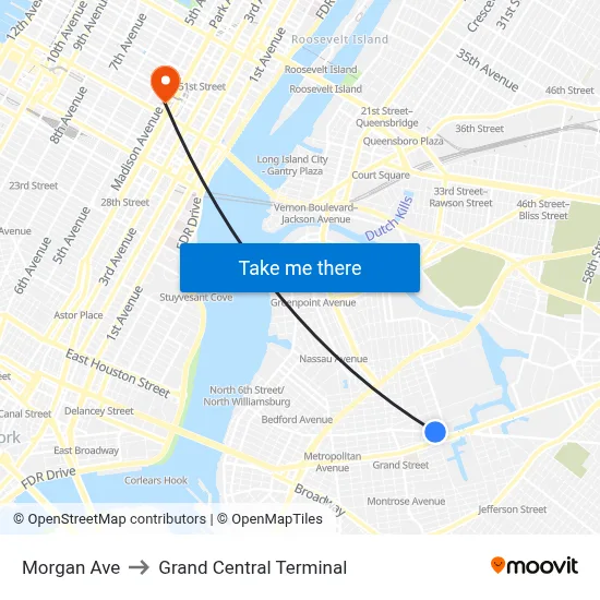 Morgan Ave to Grand Central Terminal map