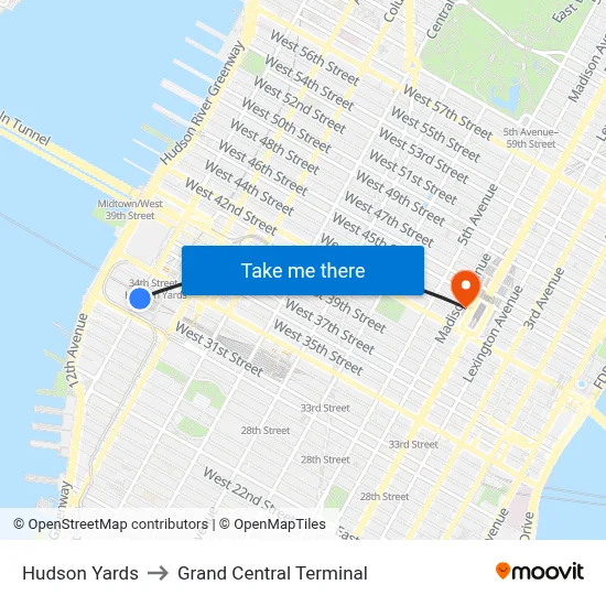 Hudson Yards to Grand Central Terminal map