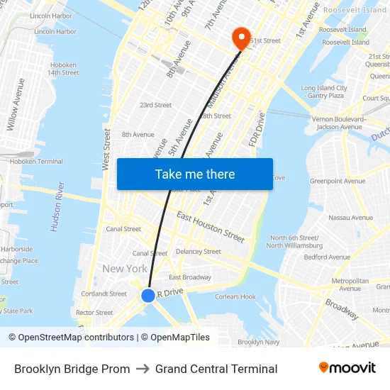 Brooklyn Bridge Prom to Grand Central Terminal map