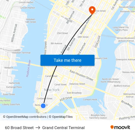 60 Broad Street to Grand Central Terminal map