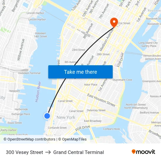 300 Vesey Street to Grand Central Terminal map