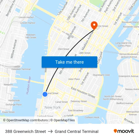 388 Greenwich Street to Grand Central Terminal map