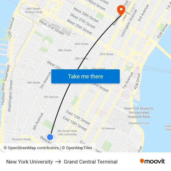 New York University to Grand Central Terminal map