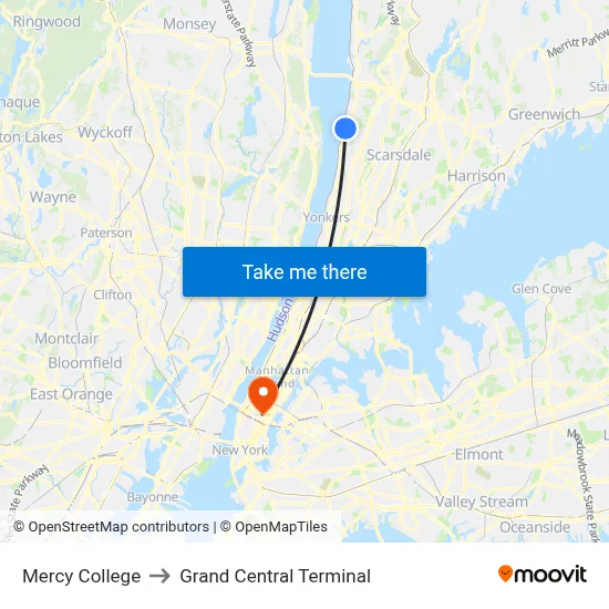 Mercy College to Grand Central Terminal map