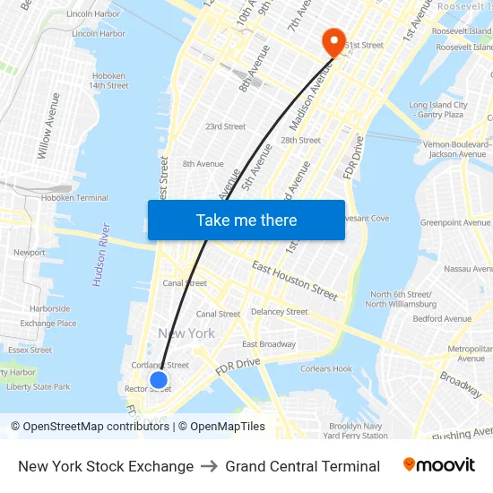 New York Stock Exchange to Grand Central Terminal map