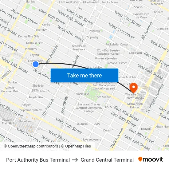 Port Authority Bus Terminal to Grand Central Terminal map