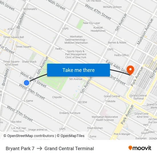 Bryant Park 7 to Grand Central Terminal map