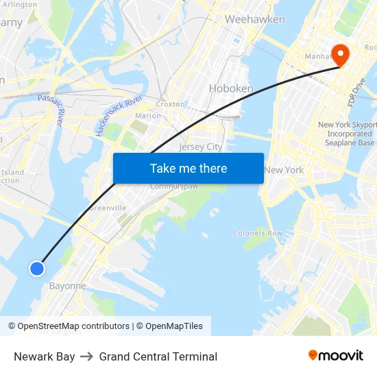 Newark Bay to Grand Central Terminal map