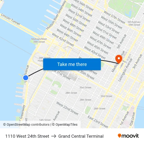 1110 West 24th Street to Grand Central Terminal map