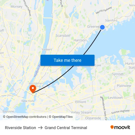 Riverside Station to Grand Central Terminal map