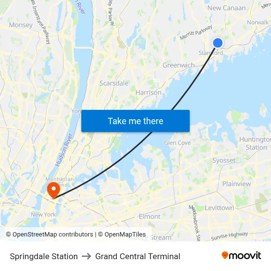 Springdale Station to Grand Central Terminal map