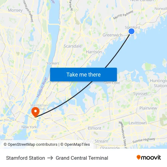 Stamford Station to Grand Central Terminal map